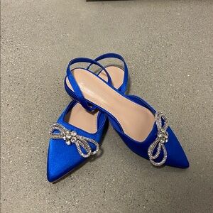 Blue Satin Slingback Heels with Rhinestone Bow